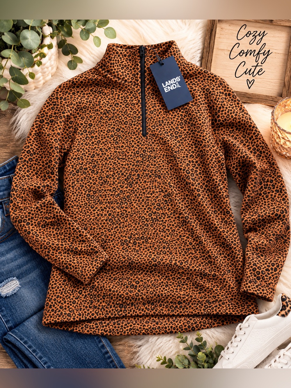 ✨ NEW ✨ Lands' End Women's Leopard Print Half-Zip Fleece Pullover Size M ✨